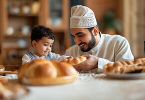 ai generado de cerca de padre y hijo compartiendo lafah un pan foto