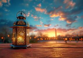 AI generated Ramadan Reflections, Lantern on Wooden Table with Beautiful Backdrop photo