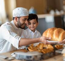 ai generado de cerca de padre y hijo compartiendo lafah un pan foto