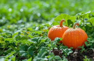 ai generado lozano verdor con grande naranja calabazas foto