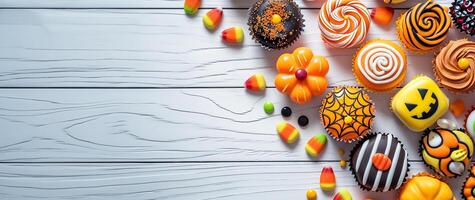 AI generated Colorful Halloween Treats, Flat Lay on White photo