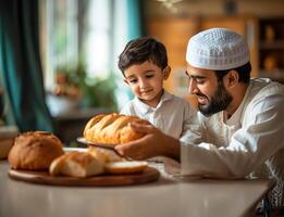 ai generado de cerca de padre y hijo compartiendo lafah un pan foto