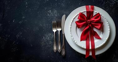 ai generado blanco plato con rojo arco para San Valentín día foto