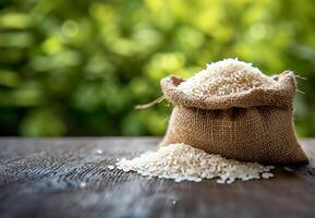 AI generated Sack of Uncooked Rice on a Rustic Table photo