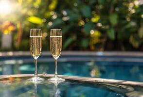 AI generated Bubbly in Glasses on a Poolside Table photo