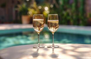 AI generated Bubbly in Glasses on a Poolside Table photo