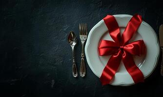 AI generated White Plate with Red Bow for Valentine's Day photo