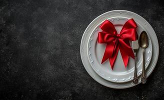 AI generated White Plate with Red Bow for Valentine's Day photo