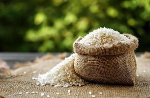 AI generated Sack of Uncooked Rice on a Rustic Table photo