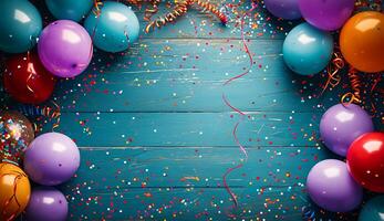 AI generated Festive Carnival Frame with Balloons and Streamers on Wooden Board photo