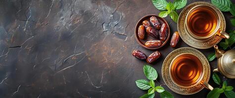 AI generated Ramadan Tea and Dates on Dark Background photo