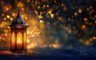 AI generated Glowing Arabic Lantern with Candle and Golden Bokeh for Ramadan Kareem photo