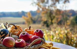 AI generated Festive Thanksgiving Table with Harvest Basket and Nature Scene photo