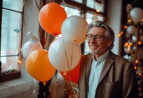 ai generado alegre mayor hombre en elegante atuendo con globos a nerds fiesta foto