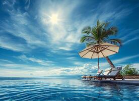 AI generated Luxury Poolside Umbrellas and Chairs with Palm Trees and Blue Sky photo