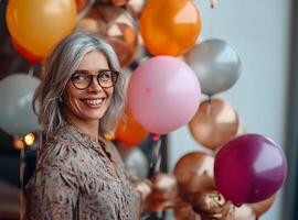 AI generated Joyful Senior Woman in Elegant Attire with Balloons at Nerds Party photo