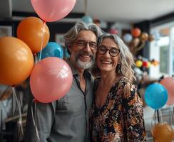 ai generado mayor Pareja celebrando con alegría a un nerd temática fiesta foto