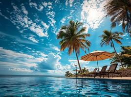 AI generated Luxury Poolside Umbrellas and Chairs with Palm Trees and Blue Sky photo