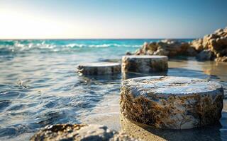 AI generated Summer Sands and Tropical Sea with Abstract Stone Podium photo