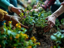 ai generado diversidad en Respetuoso del medio ambiente plantando foto