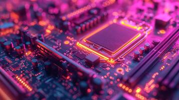 ai generado alta resolución, macro Disparo de un computadora chip, enfatizando intrincado circuito detalles foto