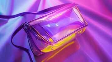 AI generated A futuristic woman's bag design, sleek and innovative shape, primary colors purple and yellow. Metallic accents, holographic textures, neon lighting effects. photo