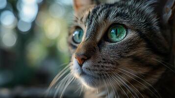 ai generado un retrato de un adorable mullido gatito, mariposa descansando en sus nariz, Esmeralda ojos enfocado foto