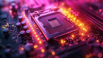 ai generado alta resolución, macro Disparo de un computadora chip, enfatizando intrincado circuito detalles foto