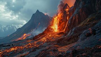 ai generado apocalíptico visión de un volcán en erupción foto