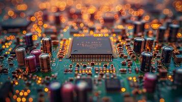 ai generado alta resolución, macro Disparo de un computadora chip, enfatizando intrincado circuito detalles foto