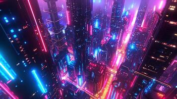 AI generated Abstract futuristic composition, fluid metallic shapes, iridescent color palette, dynamic asymmetrical layout. Incorporating cybernetic patterns, digital art style, glowing neon accents. photo