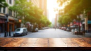 AI generated Empty wooden table and blurred background of city street. For product display photo