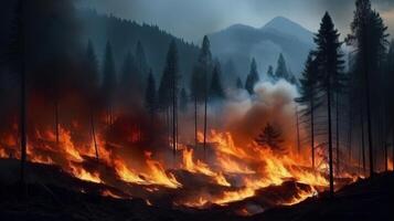 ai generado ardiente bosque en el montañas, natural desastre, 3d ilustración foto