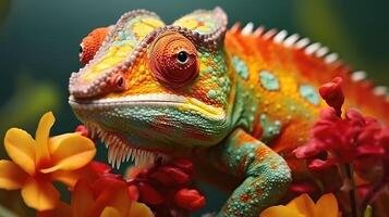 AI generated Chameleon close-up portrait on the background of flowers. photo