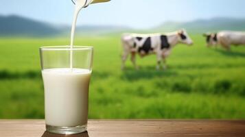 AI generated Milk pouring into glass on table against blurred background. Dairy products photo