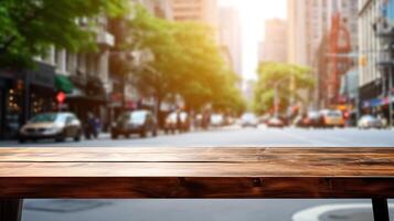 AI generated Empty wooden table and blurred background of the city. For product display photo