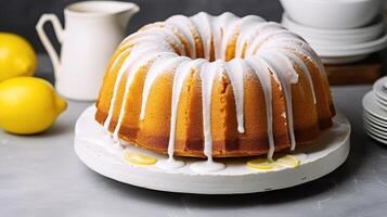 AI generated Lemon bundt cake with sugar glaze on a gray background photo