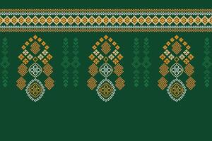 Ethnic geometric fabric pattern Cross Stitch.Ikat embroidery Ethnic oriental Pixel pattern green background. Abstract,vector,illustration. Texture,clothing,frame,decoration,motifs,silk wallpaper. vector