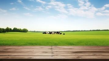 AI generated Wooden table with cows on green meadow and blue sky background photo