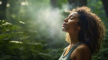 relajado mujer respiración Fresco aire en un verde bosque foto