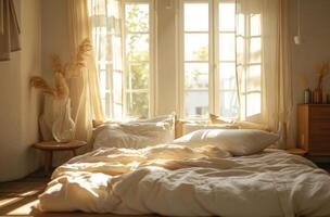 ai generado un cama con ropa de cama y almohadas en un mesa en frente de un vacío Departamento foto