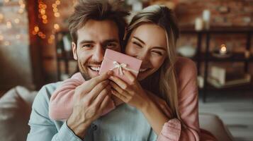 ai generado un hermosa mujer da un saludo tarjeta a su amado manin el vivo habitación de el casa foto