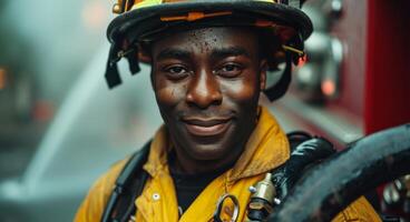 ai generado un bombero sostiene el manguera en su mano y sonrisas dentro el cámara foto