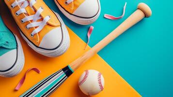 AI generated baseball bat, baseball ball and sneakers on minimalist vivid background with copy space photo