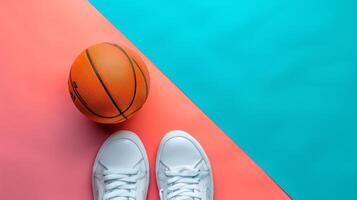 ai generado baloncesto pelota y zapatillas en minimalista vívido antecedentes con Copiar espacio foto