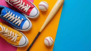 AI generated baseball bat, baseball ball and sneakers on minimalist vivid background with copy space photo