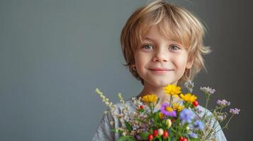 ai generado chico con flor ramo de flores en minimalista antecedentes con Copiar espacio foto