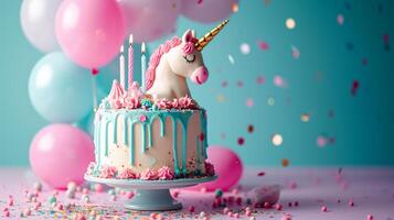 AI generated birthday unicorn cake with candles, balloons, confetti on minimalist vivid background with copy space photo