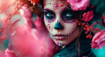 AI generated beautiful girl in leather jacket and flowers wears sugar skull makeup photo