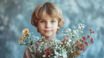 AI generated boy with flower bouquet for mother on minimalist background with copy space photo